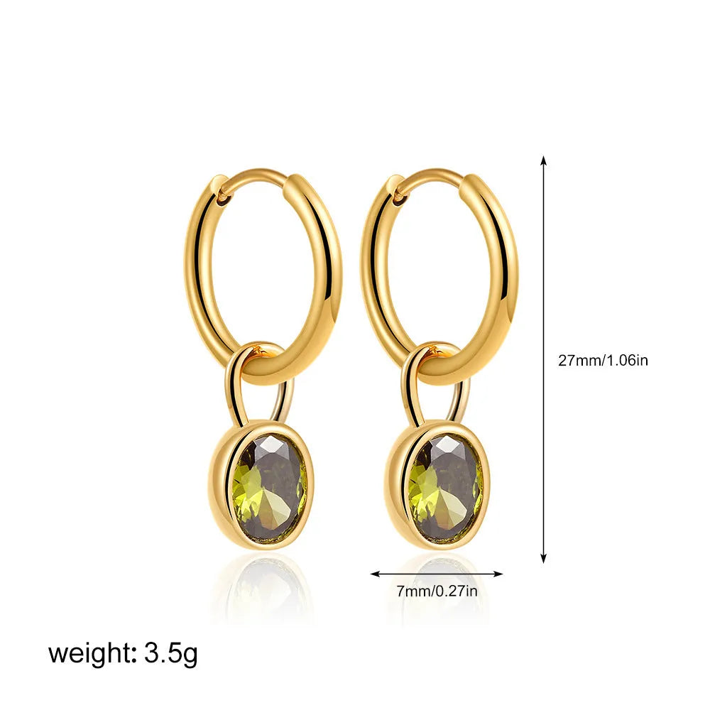 Women's retro-style copper earrings with an oval zircon stone, shown in one of six available colours.