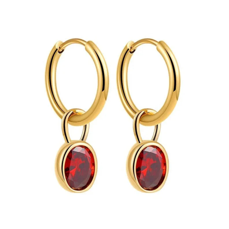 Retro-style oval copper earrings with zircon detail shown in multiple colour options.
