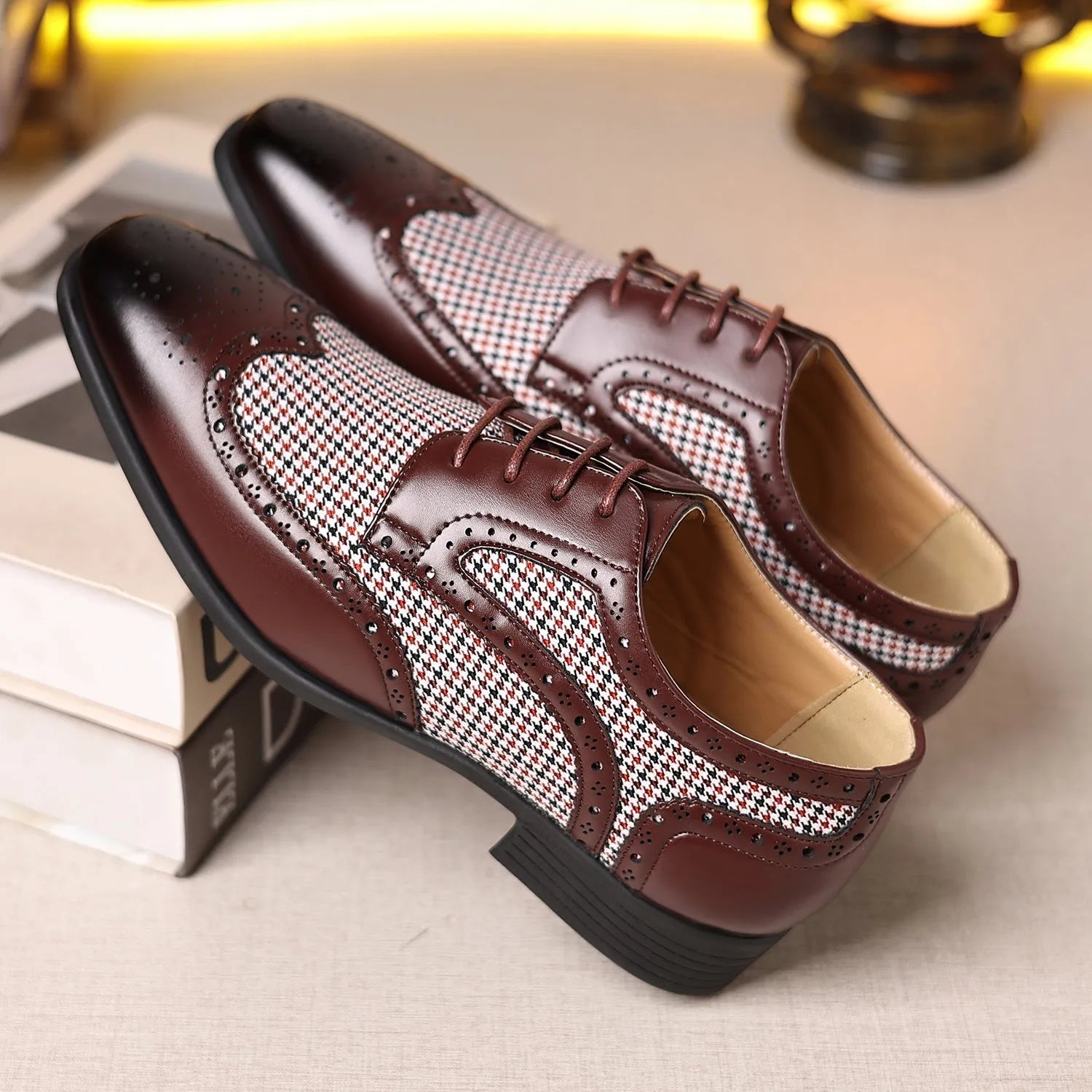 Men's black houndstooth plaid casual lace-up shoes with a square toe and rubber sole.
