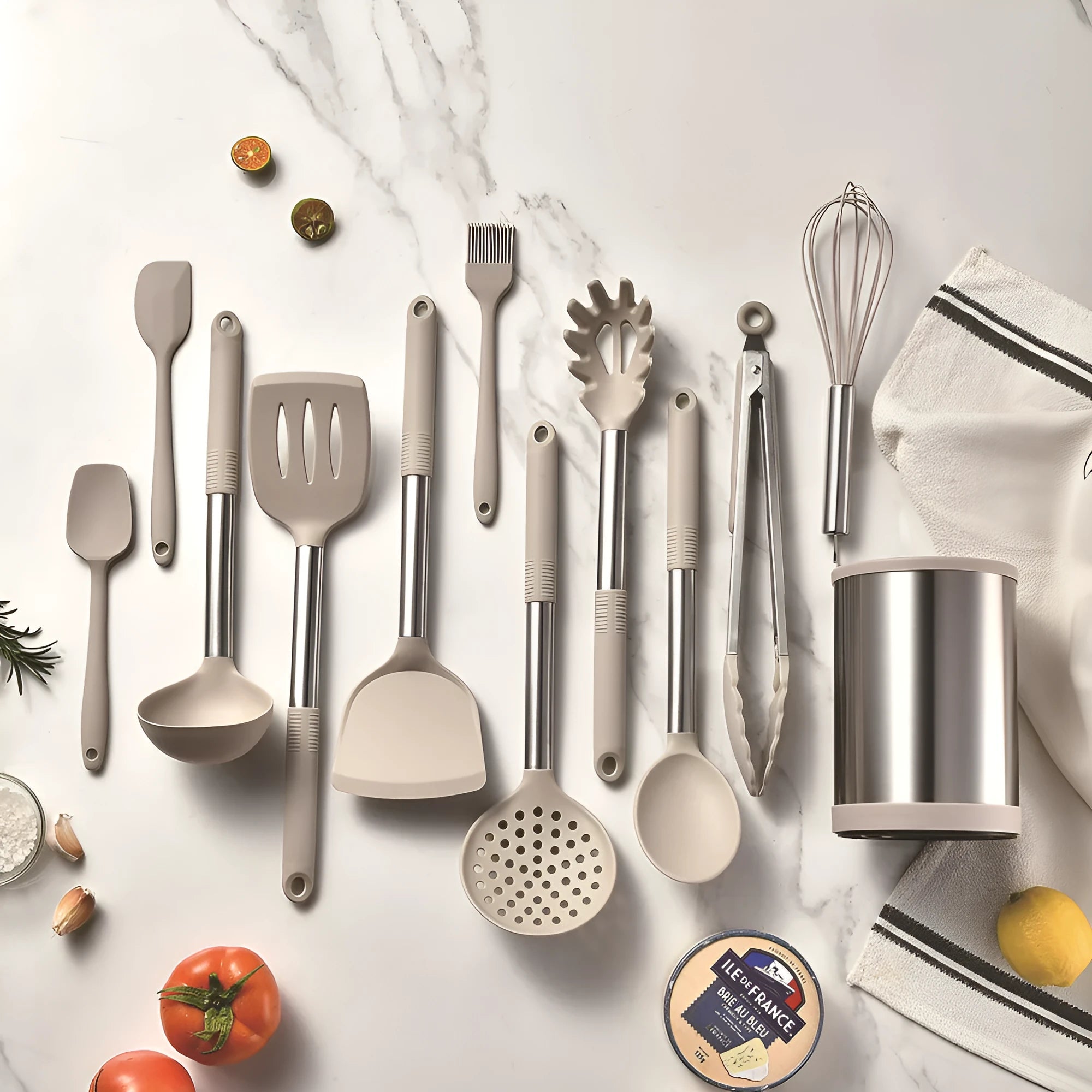 12-piece silicone kitchen utensil set in rotating storage bucket, including spatula, spoon, ladel, and egg beater on kitchen counter.