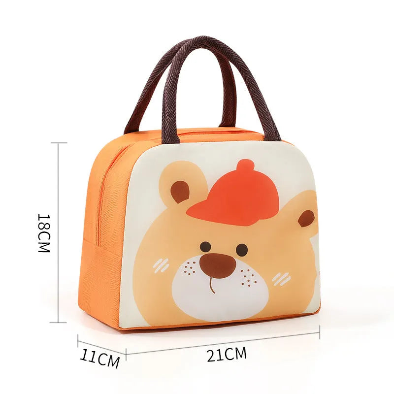 Cartoon insulated lunch box bag for children in orange bear design with aluminium foil insulation.
