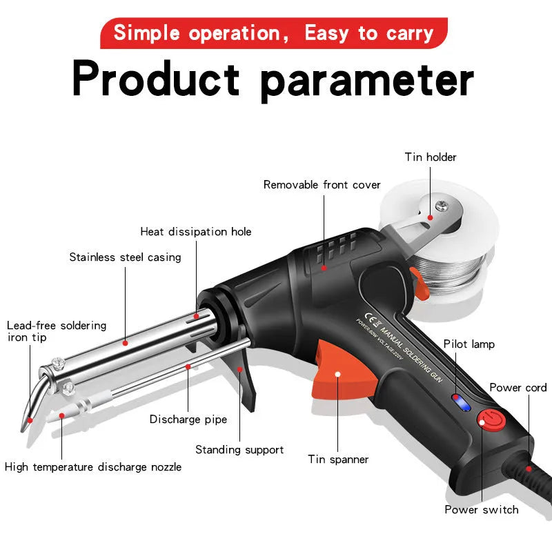 Black soldering gun with integrated light, 205 x 170mm alloy body with three electrical specification options