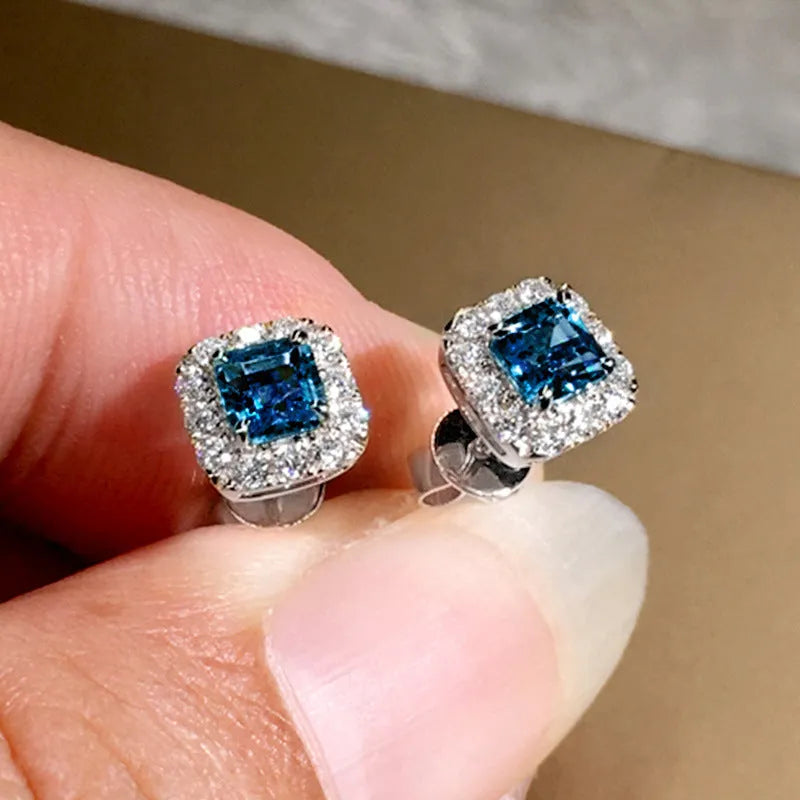 Square zircon earrings with grandmother green stones on copper base with electroplated finish