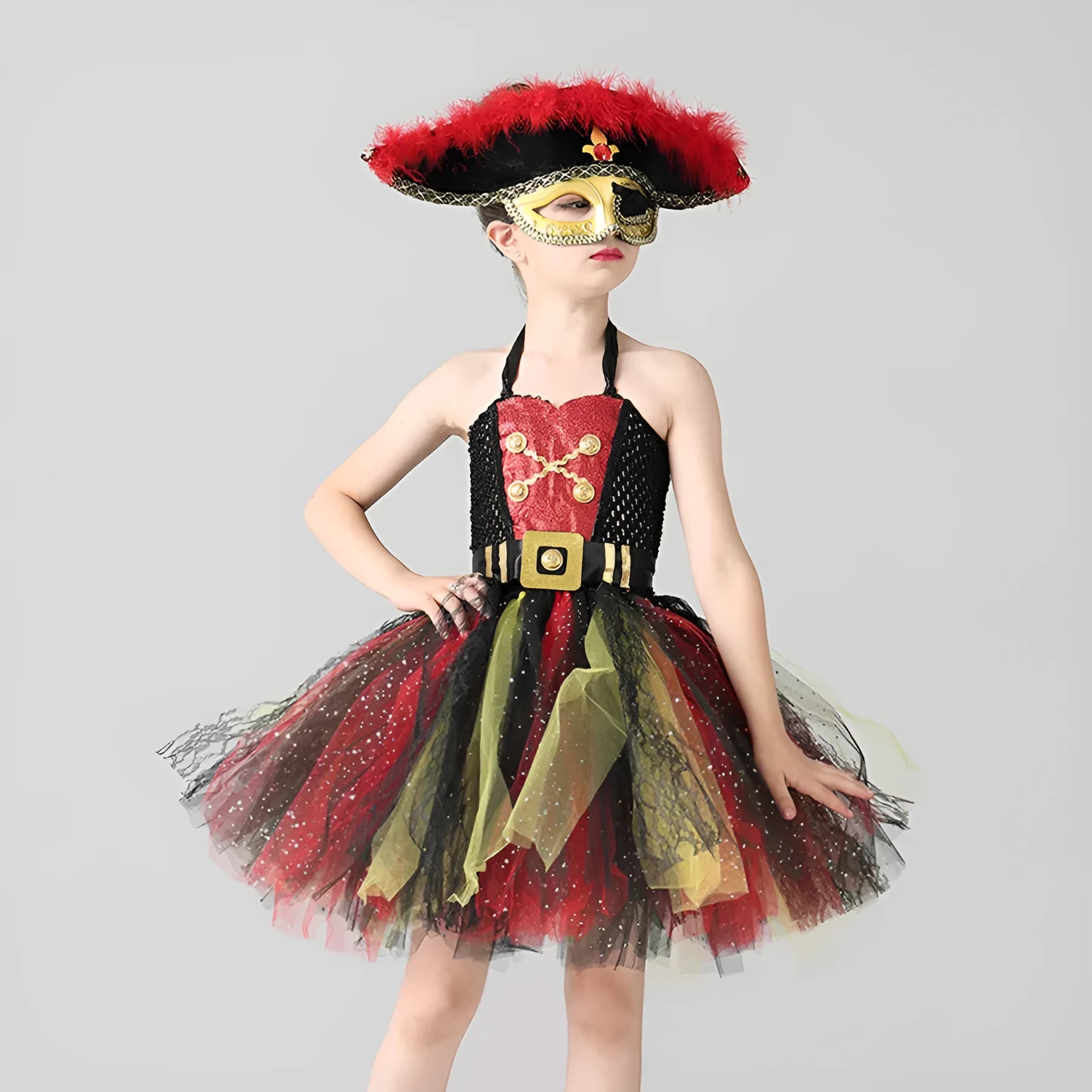 Girls sleeveless pirate costume dress with sequin and lace detailing for Halloween