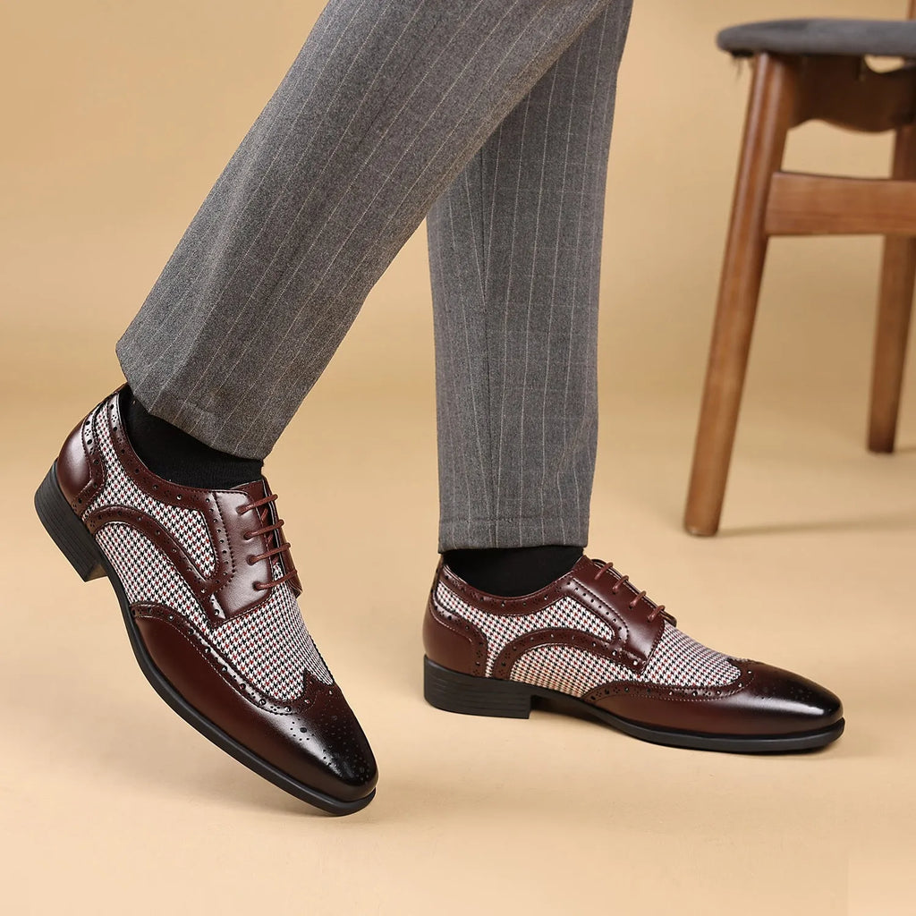 Men's black houndstooth plaid casual lace-up shoes with a square toe and rubber sole.