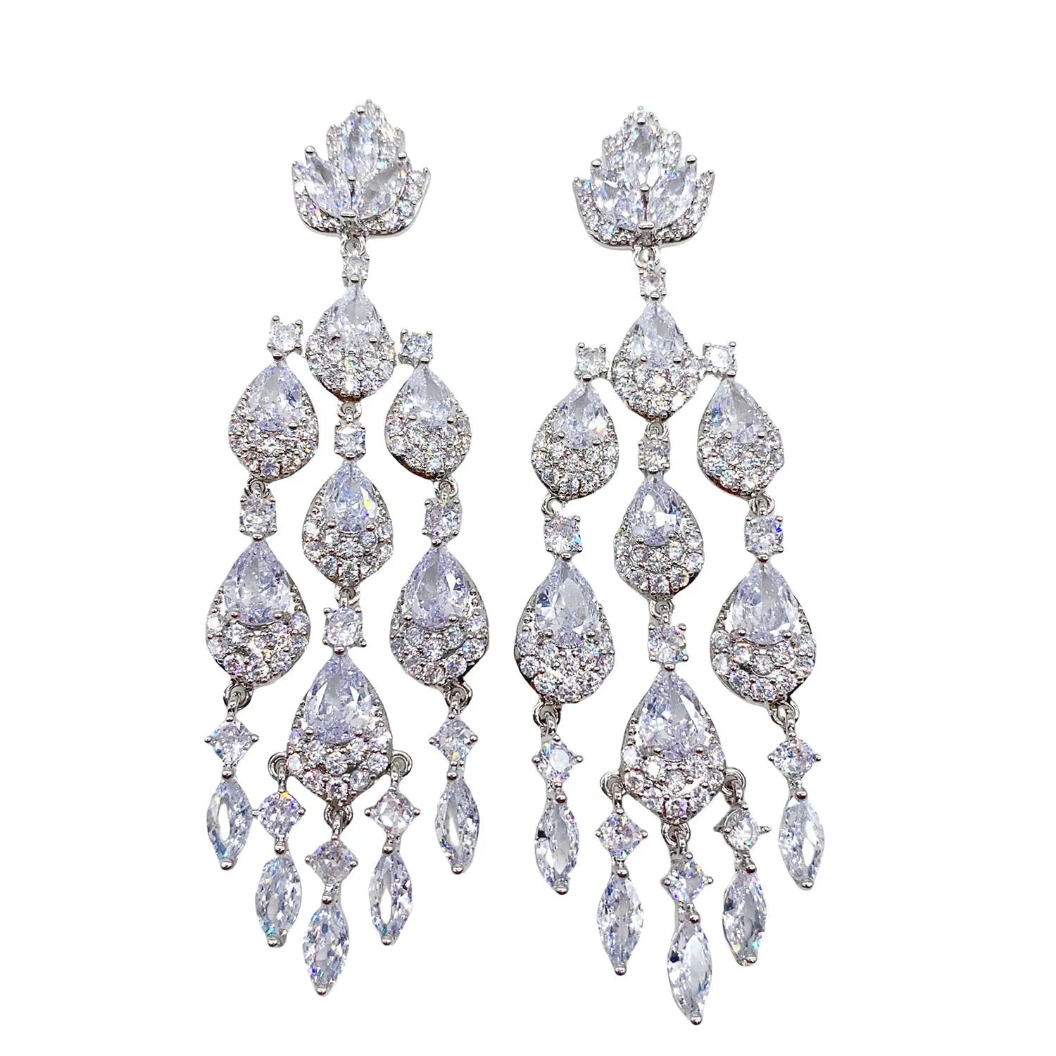 Water drop tassel long earrings with floral leaf shape and zircon stones on alloy