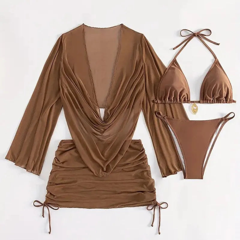 Women's dark brown lace-up bikini set on a mannequin, showing sleeveless briefs design.