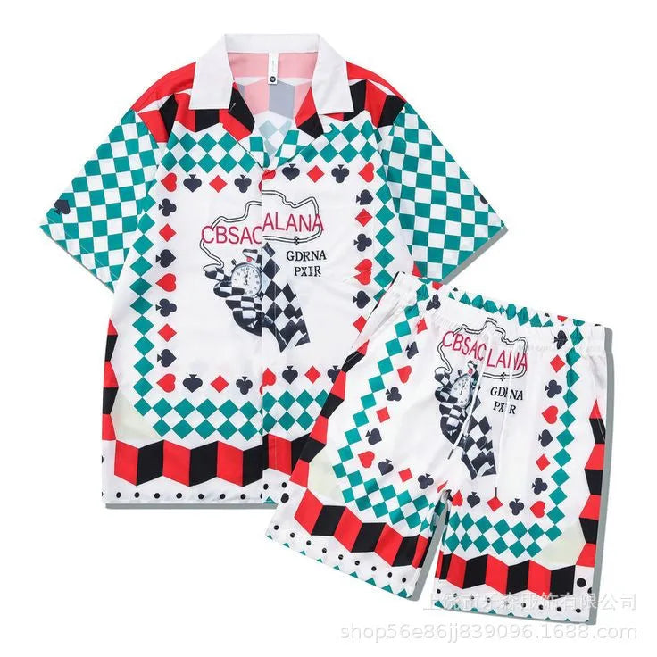 Men's plaid print beach outfit with short sleeve shirt and matching pants set