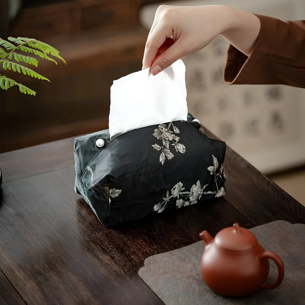 New Chinese style brocade tissue box cover with white plum embroidery, showing pearl buckle variant.