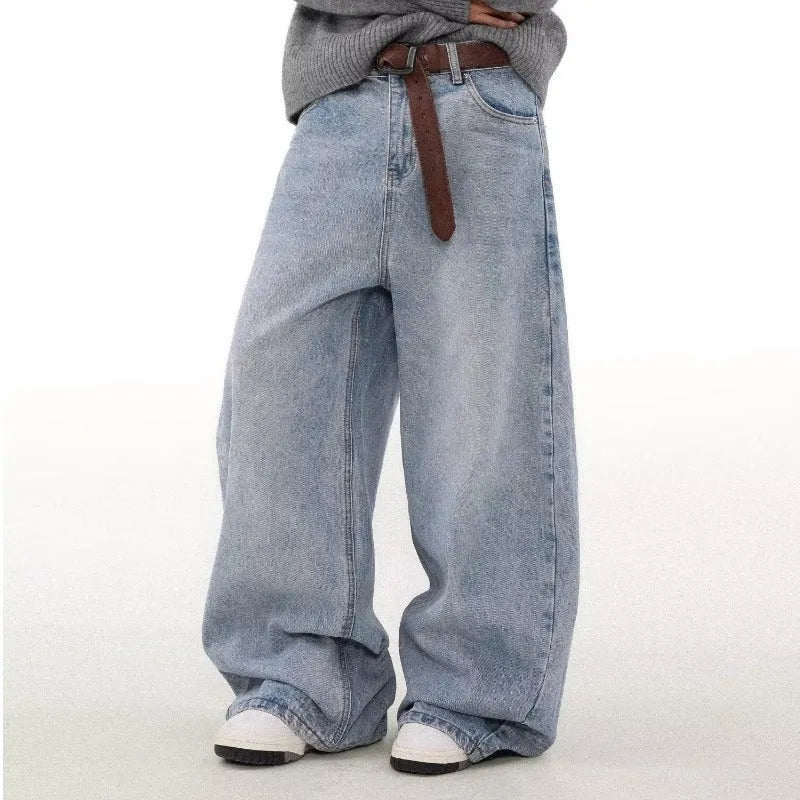 Men's blue distressed straight leg jeans with retro washing and micro elasticity