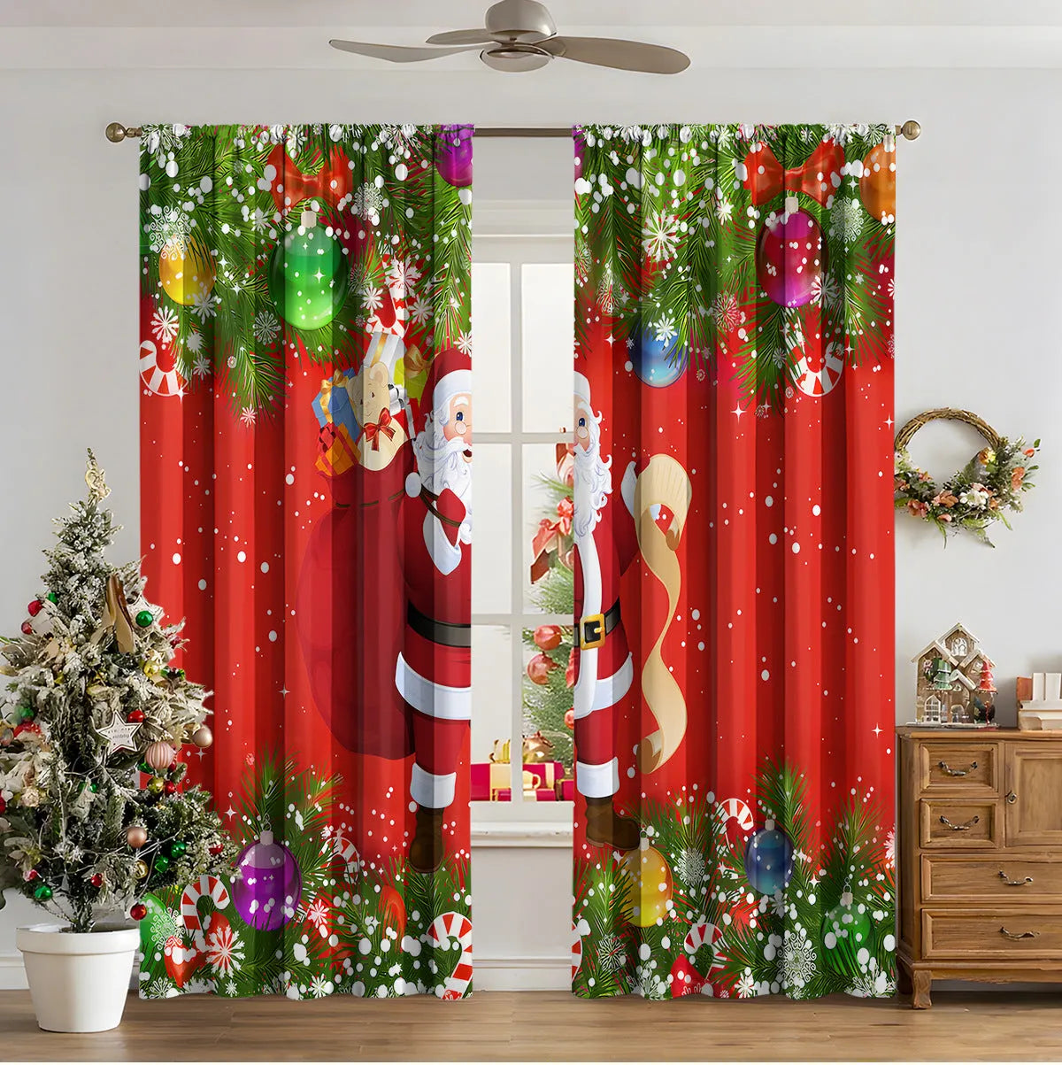 Pair of 3D digitally printed Christmas curtains in a modern design, made from polyester fabric.