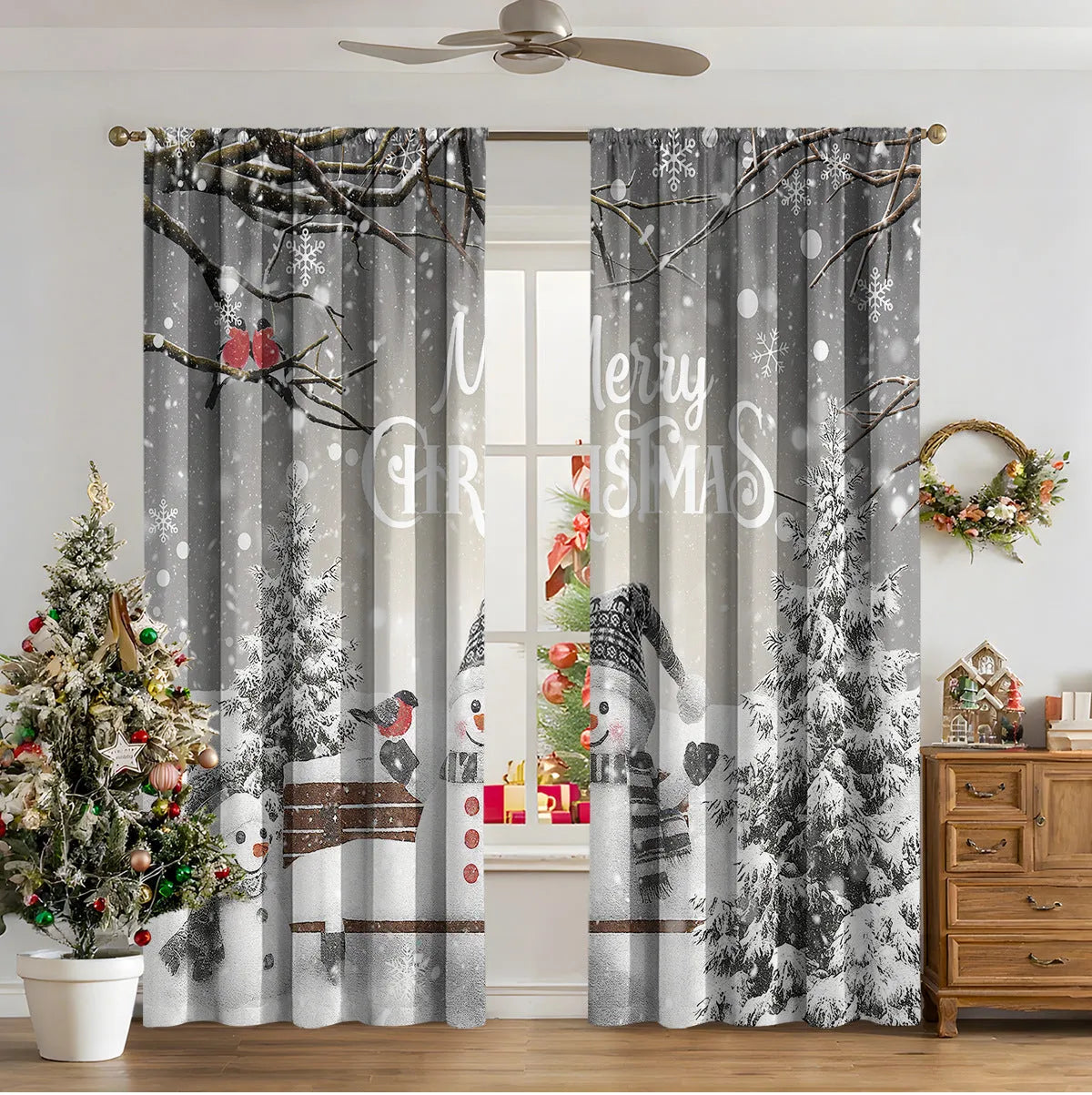 Pair of 3D digitally printed Christmas curtains in a modern design, made from polyester fabric.