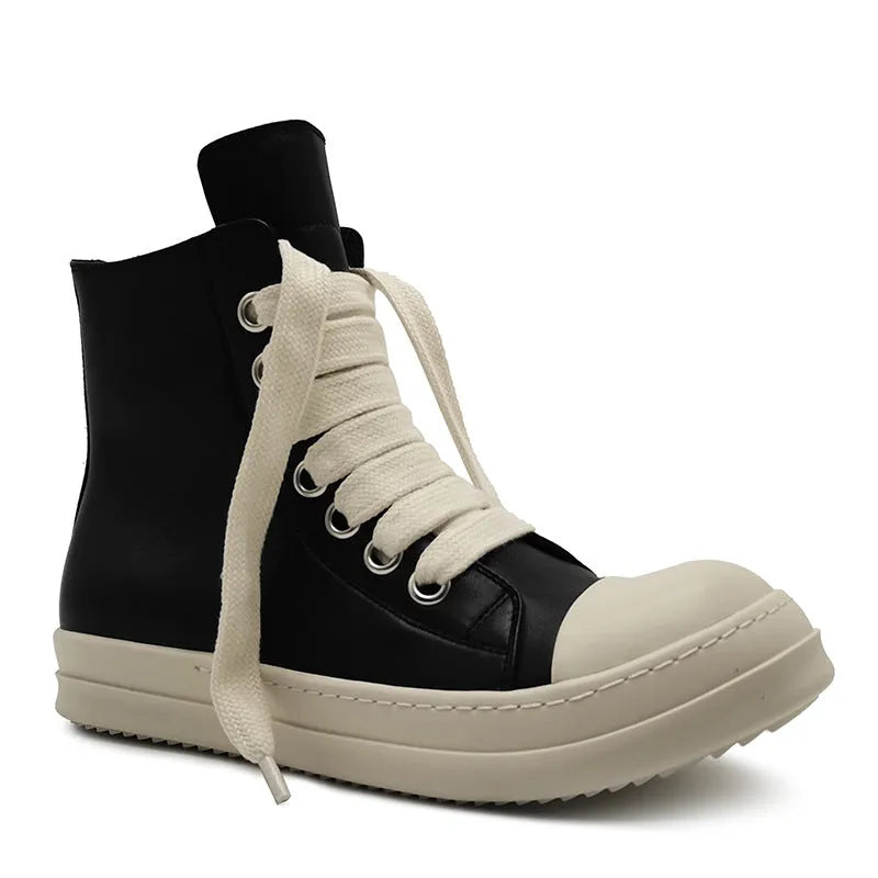 Black leather high-top sneakers with side zipper and round toe on a rubber platform sole