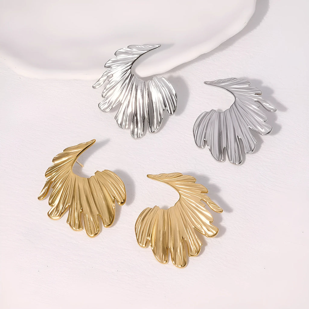 Stainless steel leaf design stud earrings in gold or steel electroplated finish