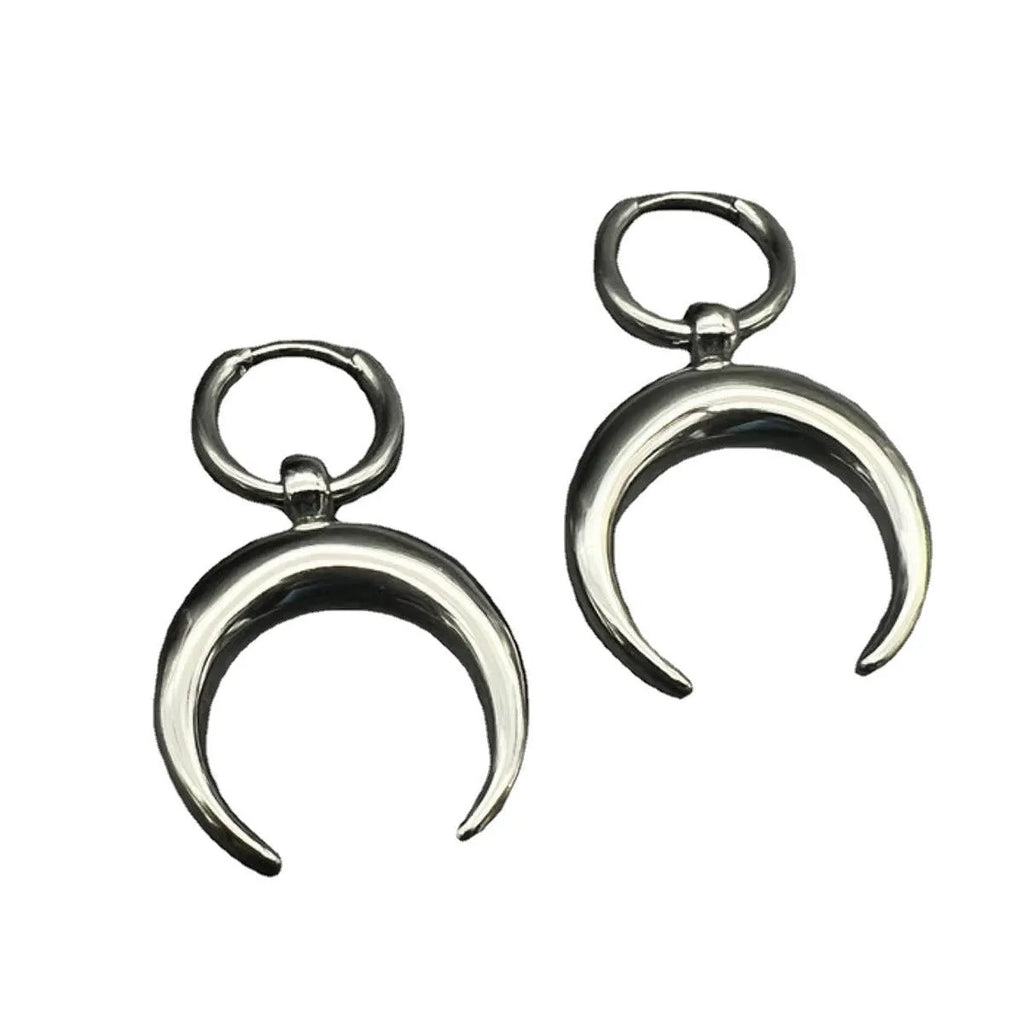 Silver geometric hoop earrings with moon detail and clip-on back