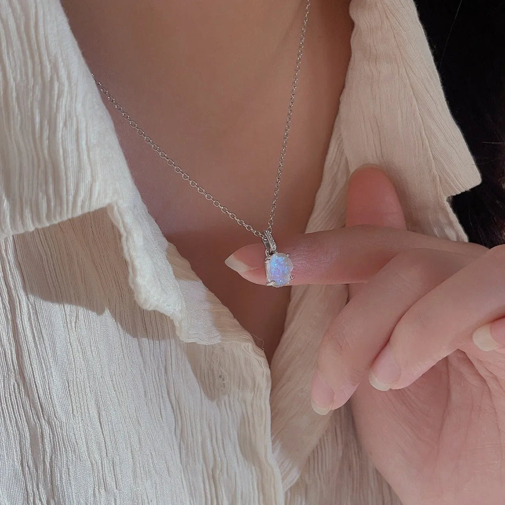 S925 sterling silver moonstone pendant necklace with geometric design and adjustable chain
