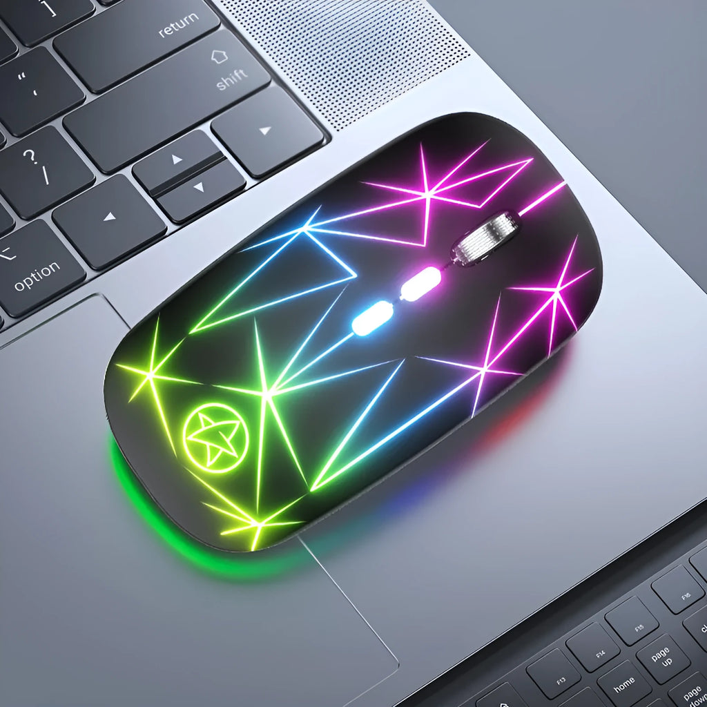 Wireless Bluetooth gaming mouse with luminous charging LED and metallic scroll wheel in star black colour