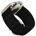 Elastic nylon Apple Watch band with stainless steel buckle shown in multiple colour options.
