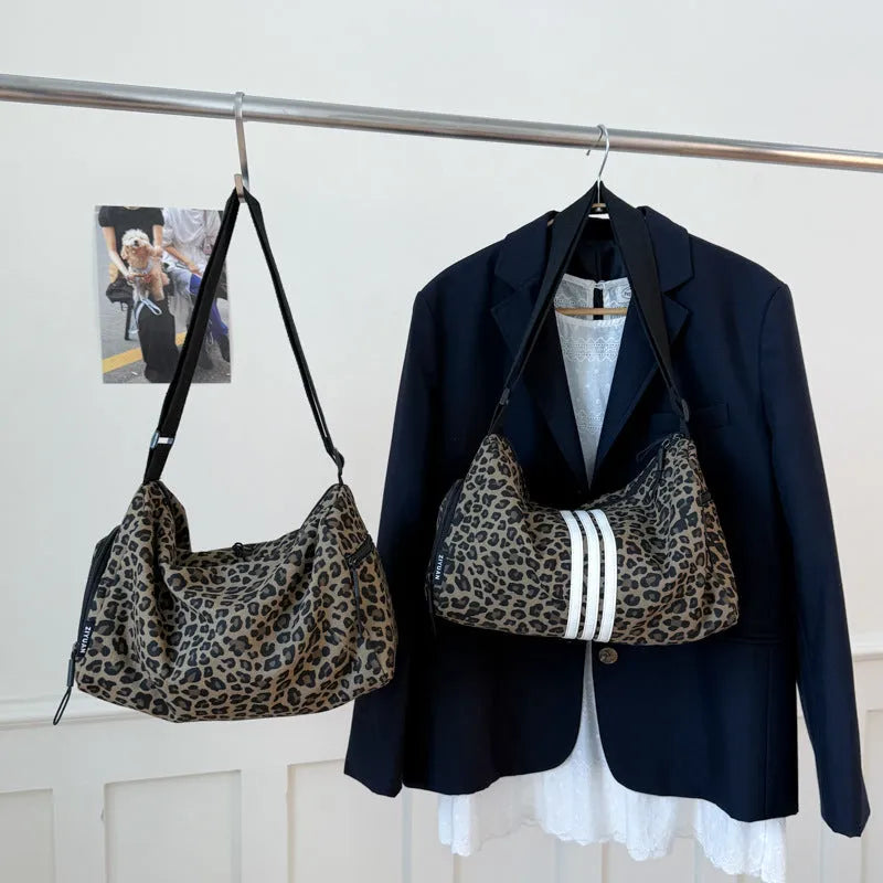 Large capacity leopard print sports messenger bag with cross-body strap