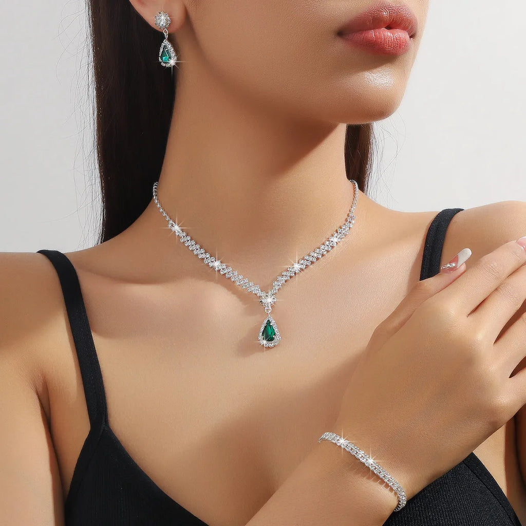 Claw chain necklace and earrings set with drop rhinestones in multiple colour options
