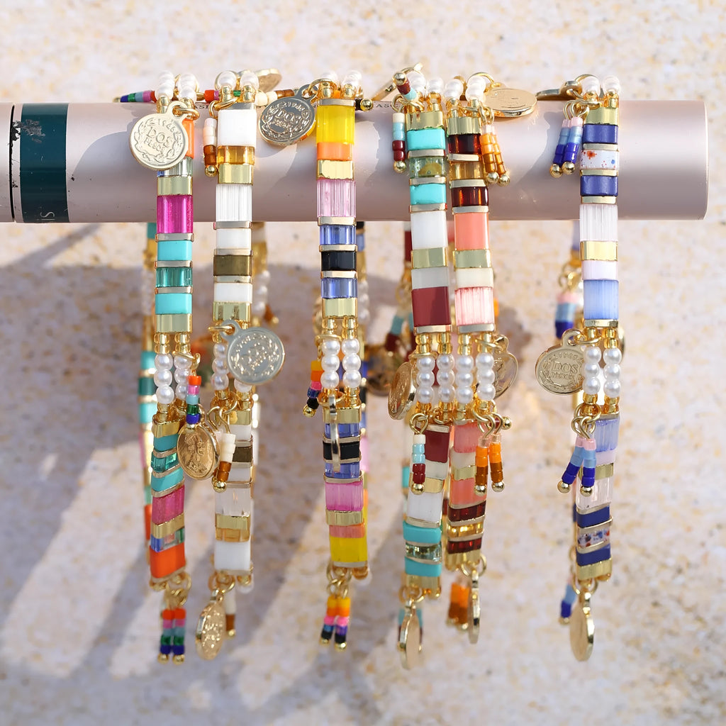 Women's handmade bracelet with imitation pearls and glass beads in six colour variations