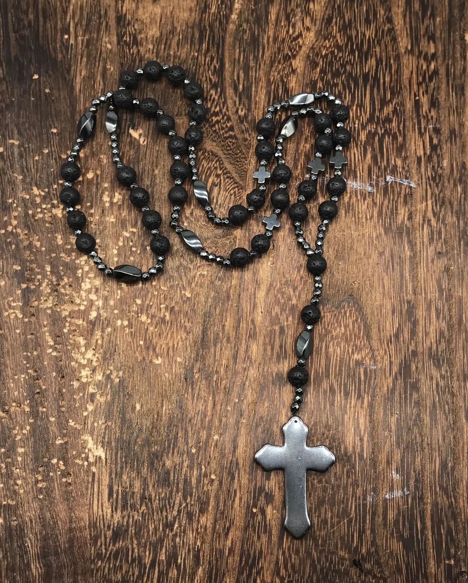 Men's stone cross pendant necklace on 80cm ball bead chain with safety lock clasp