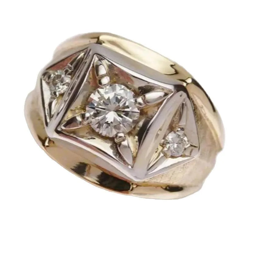 Copper geometric hollow couple rings with wide face design in gold colour showing chamfering square patterns