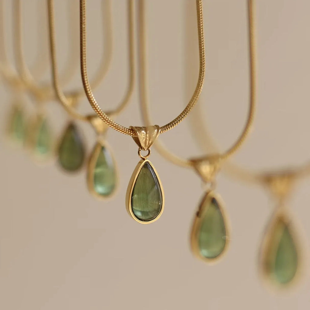 Retro water drop necklace with mixed gem inlaid pendant on titanium steel snake bones chain