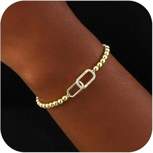 Stainless steel beaded bracelet with adjustable clasp in geometric design
