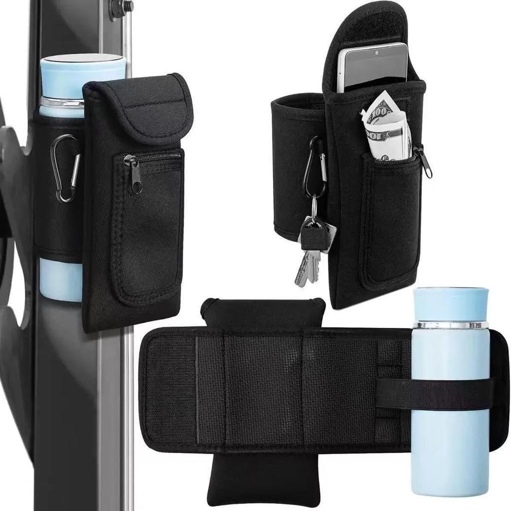 Fitness magnetic water bottle sleeve in black with a carabiner clip, shown on a sports bag.