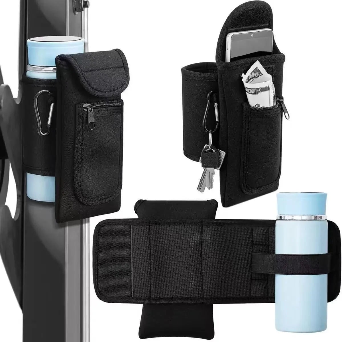 Fitness magnetic water bottle sleeve in black with a carabiner clip, shown on a sports bag.