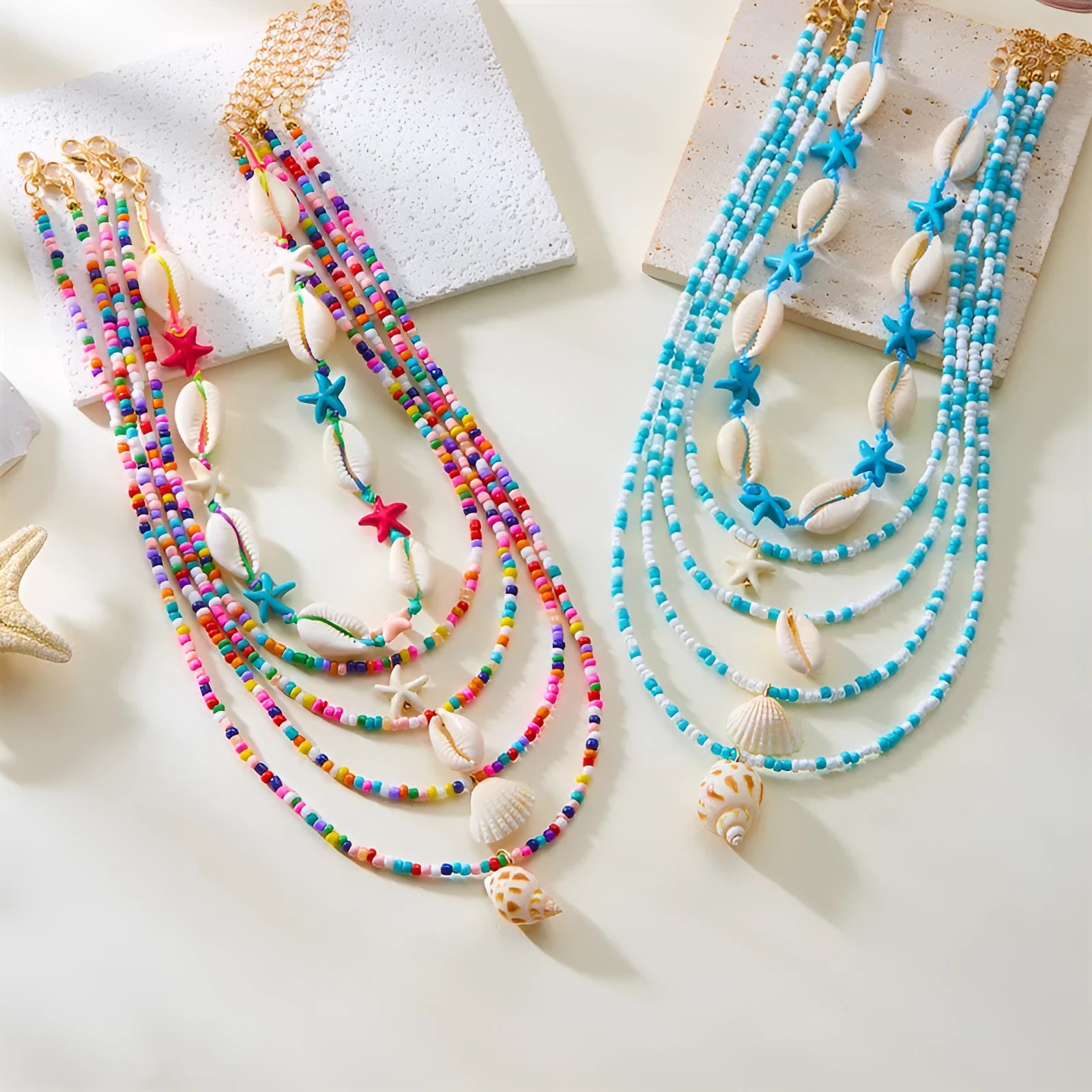 Blue multi-layer women's necklace with starfish shell beads and adjustable chain