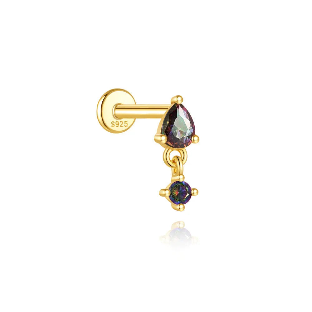 S925 sterling silver flat head thread piercing earring with rainbow stone in single gold colour.