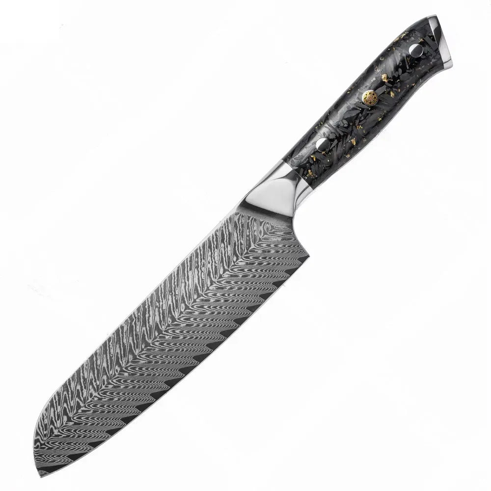 Eight-piece Damascus steel kitchen knife set showing fishbone pattern blades on a wooden surface.