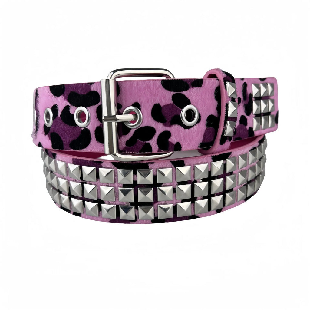 Women's punk style belt with decorative metal rivets on PU leather in animal print pattern with alloy buckle