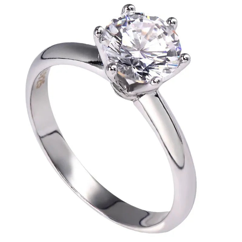 White gold plated geometric women's ring with six-claw zircon setting on finger