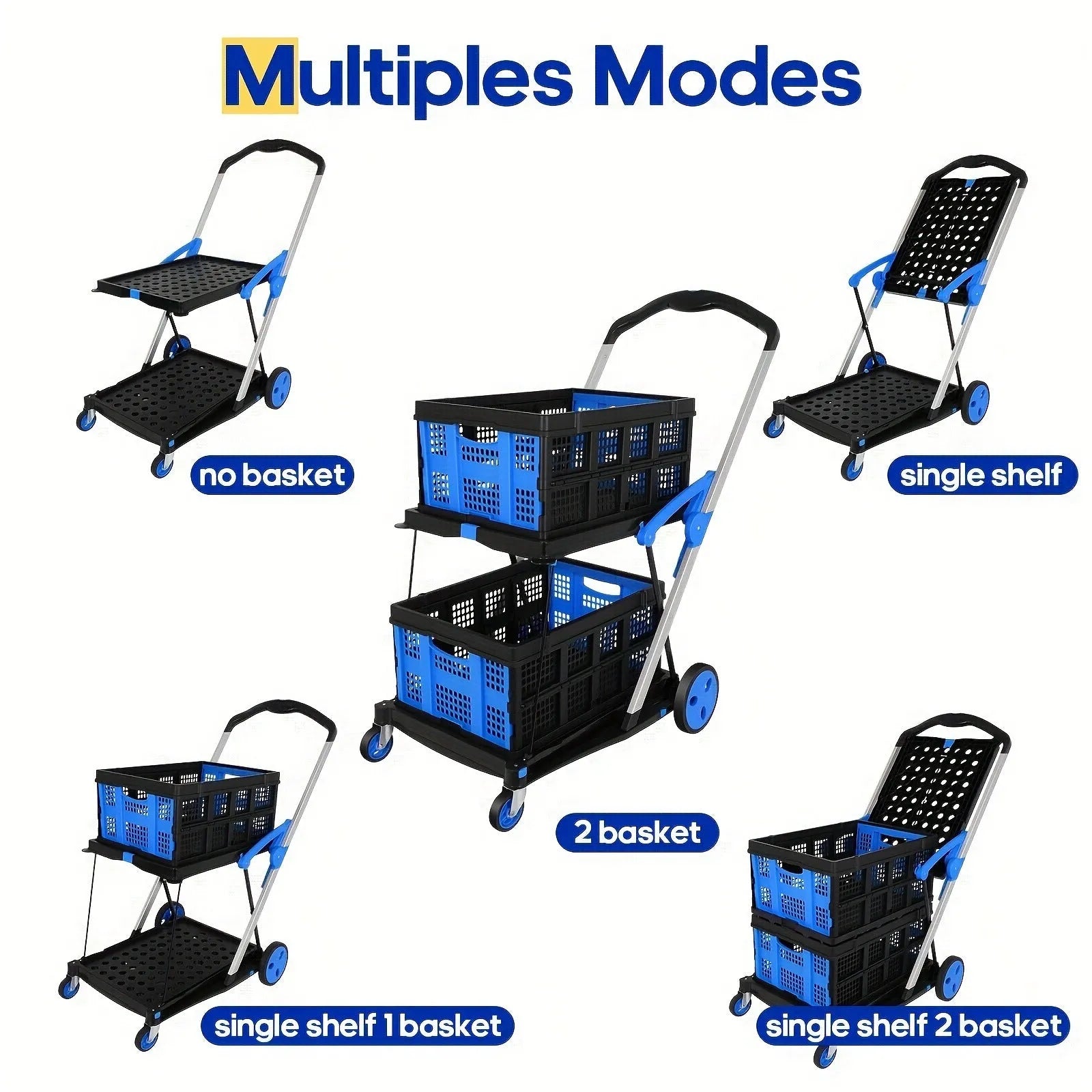 Blue foldable shopping cart with double-layer plastic baskets showing collapsed and expanded positions