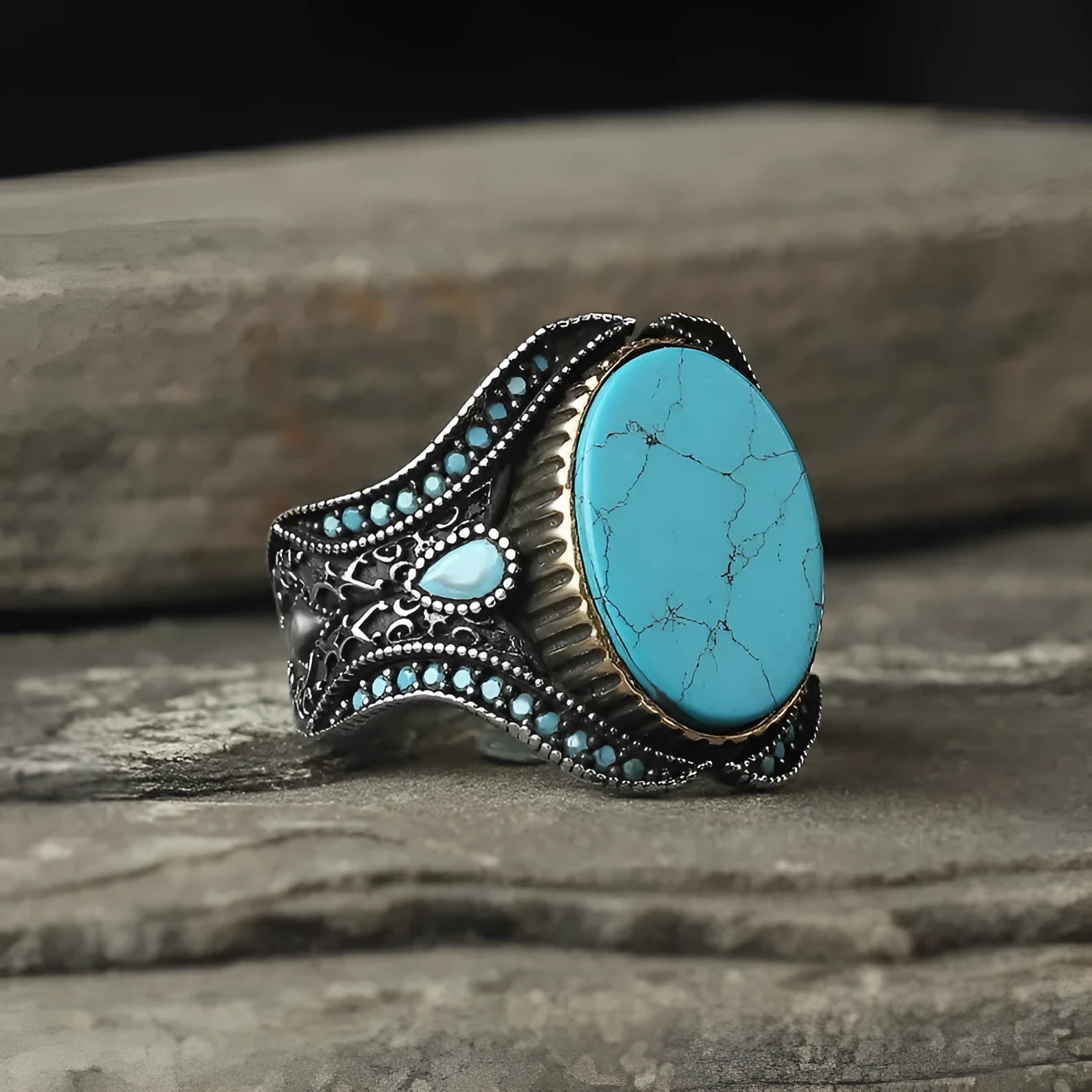 Men's antique silver turquoise alloy ring showing simple round band design on a size guide.