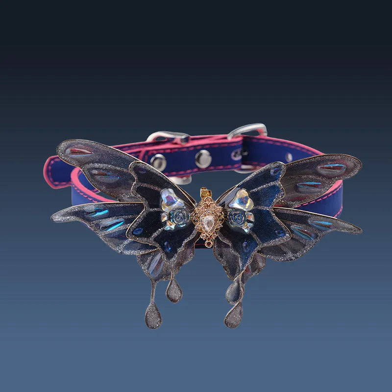 Purple temperature change butterfly collar necklace with rhinestone decoration and alloy chain