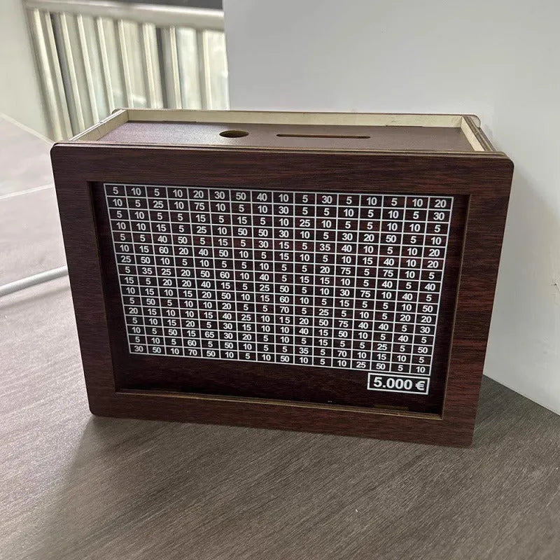 Wooden digital coin bank with LCD display showing savings counter in retro nostalgic design