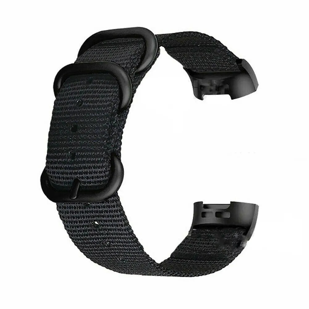 Nylon three-ring buckle replacement strap for Fitbit Charge 2, 3, 4, and 5 fitness trackers in multiple colours