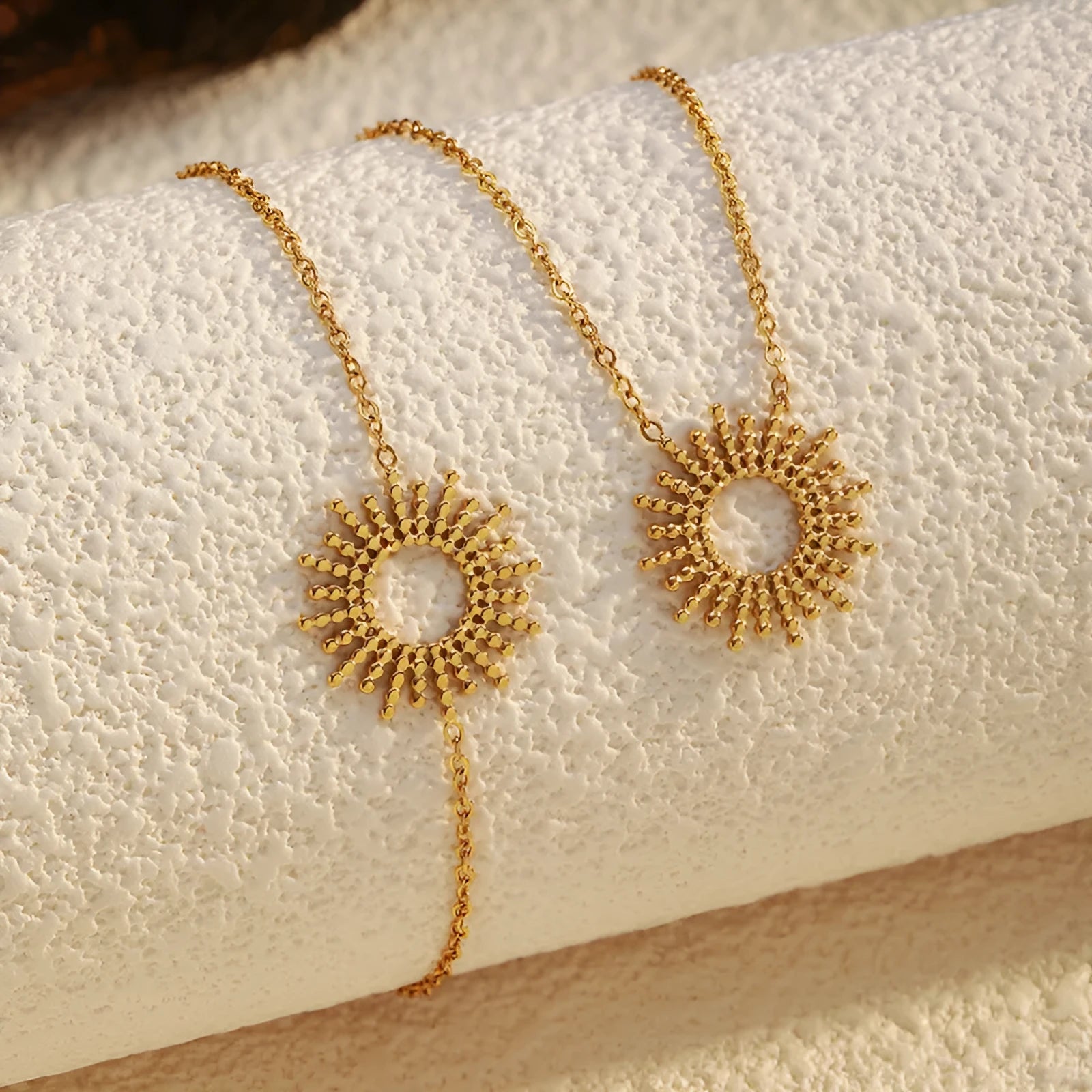 Sunflower Series gold tone geometric chain necklace and bracelet set for women.