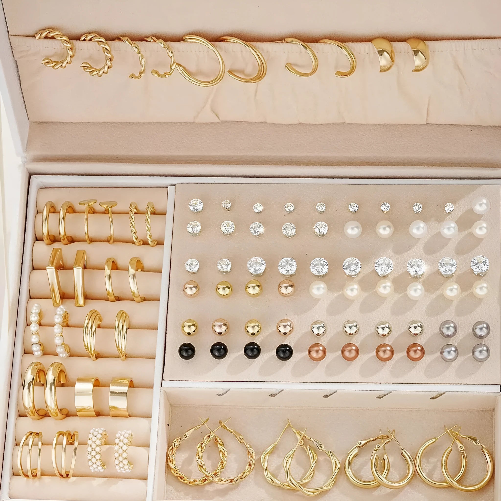 108-piece assortment of gold and yellow alloy stud earrings with geometric shapes and round pearls.