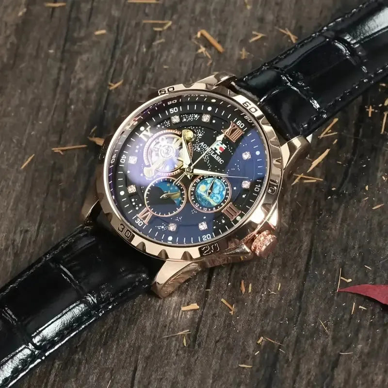 Large dial automatic mechanical watch with rose gold case and black leather strap
