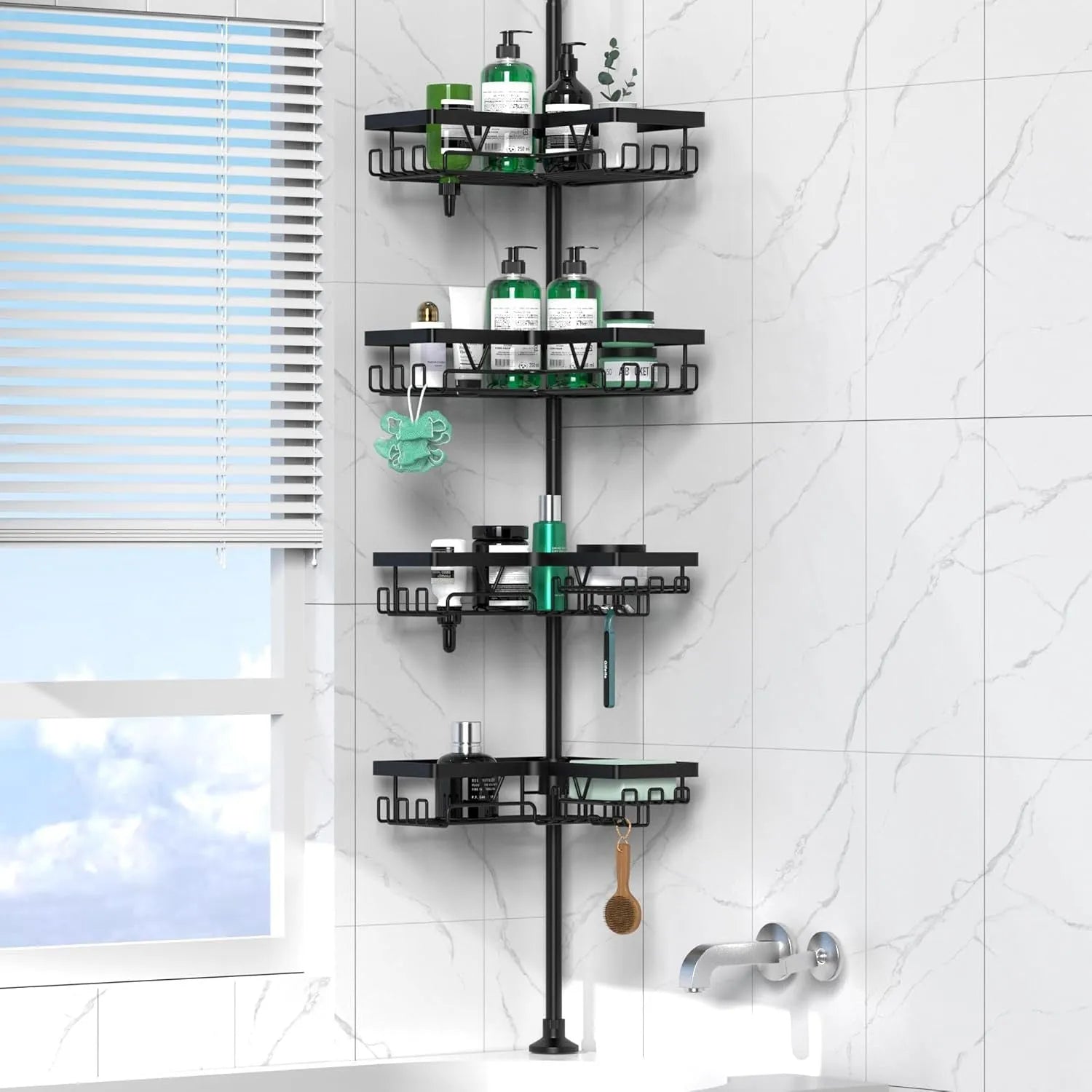 Four-layer retractable bathroom storage rack with hole-free mounting system