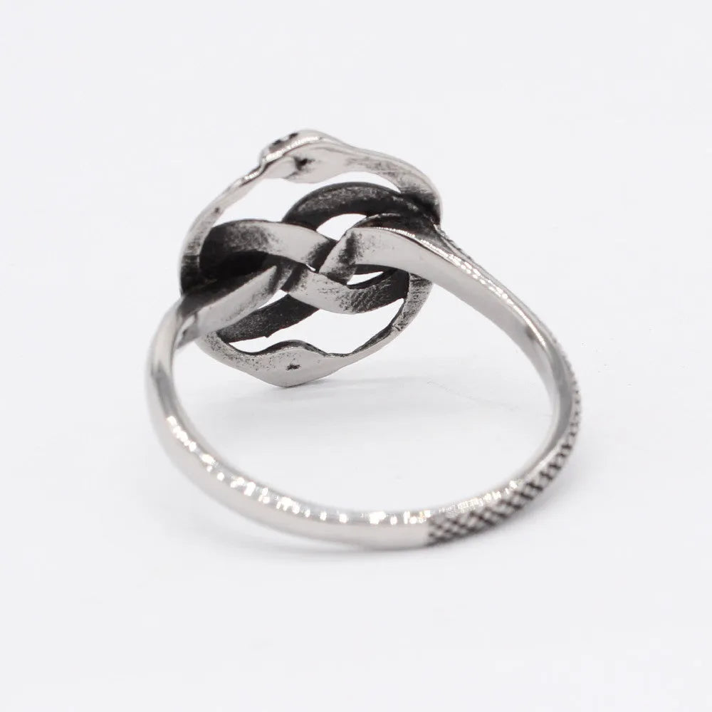Close-up of a steel-coloured titanium steel ring featuring a detailed double snake design on a dark background.