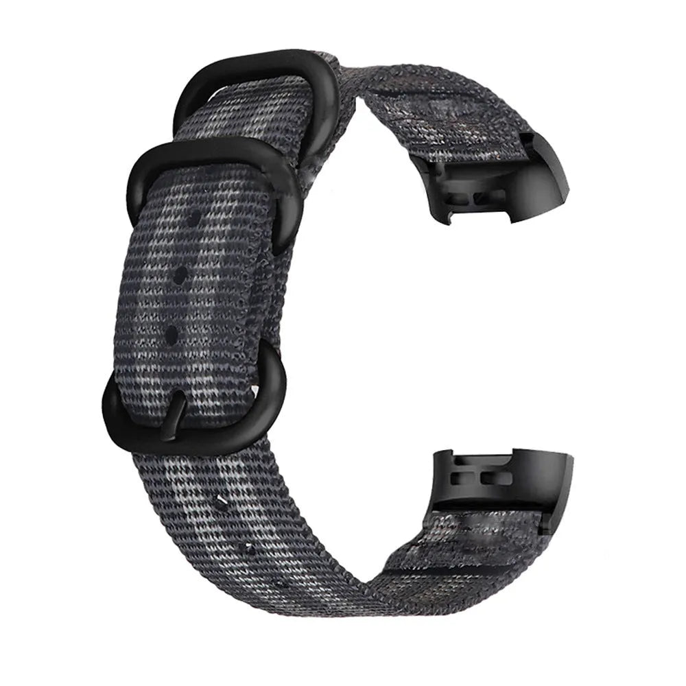 Nylon three-ring buckle replacement strap for Fitbit Charge 2, 3, 4, and 5 fitness trackers in multiple colours