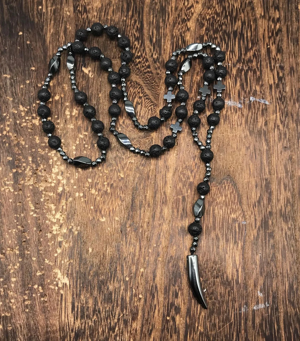 Men's stone cross pendant necklace on 80cm ball bead chain with safety lock clasp