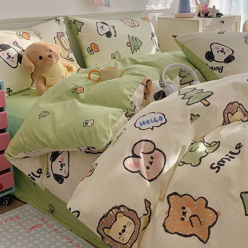 Cartoon dog pattern on a pure cotton duvet cover and pillowcase from a four-piece bedding set.