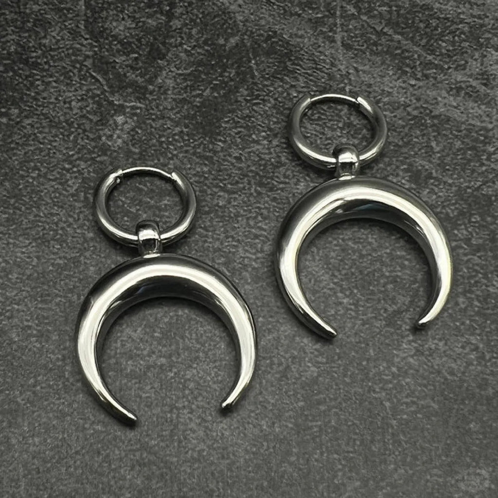 Silver geometric hoop earrings with moon detail and clip-on back